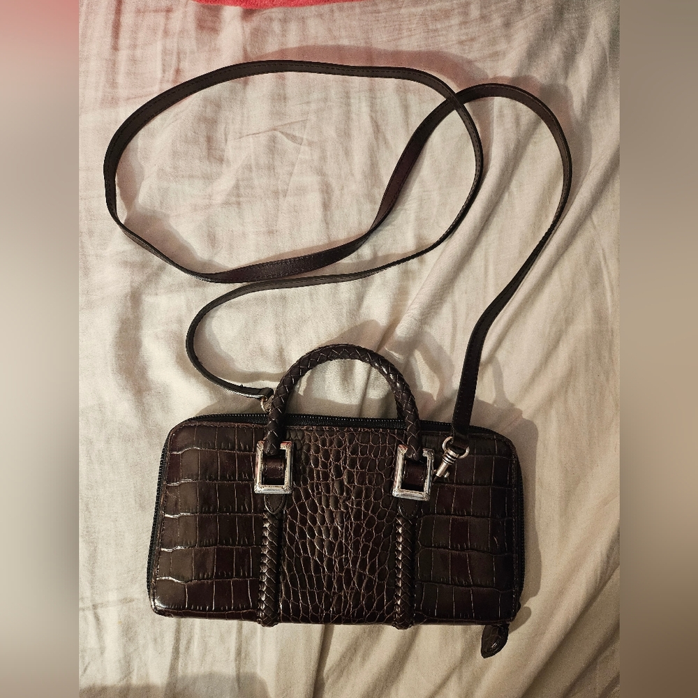 BRIGHTON Brown Croc Embossed Leather Crossbody Organizer Wallet Clutch 8.5"X4.5"